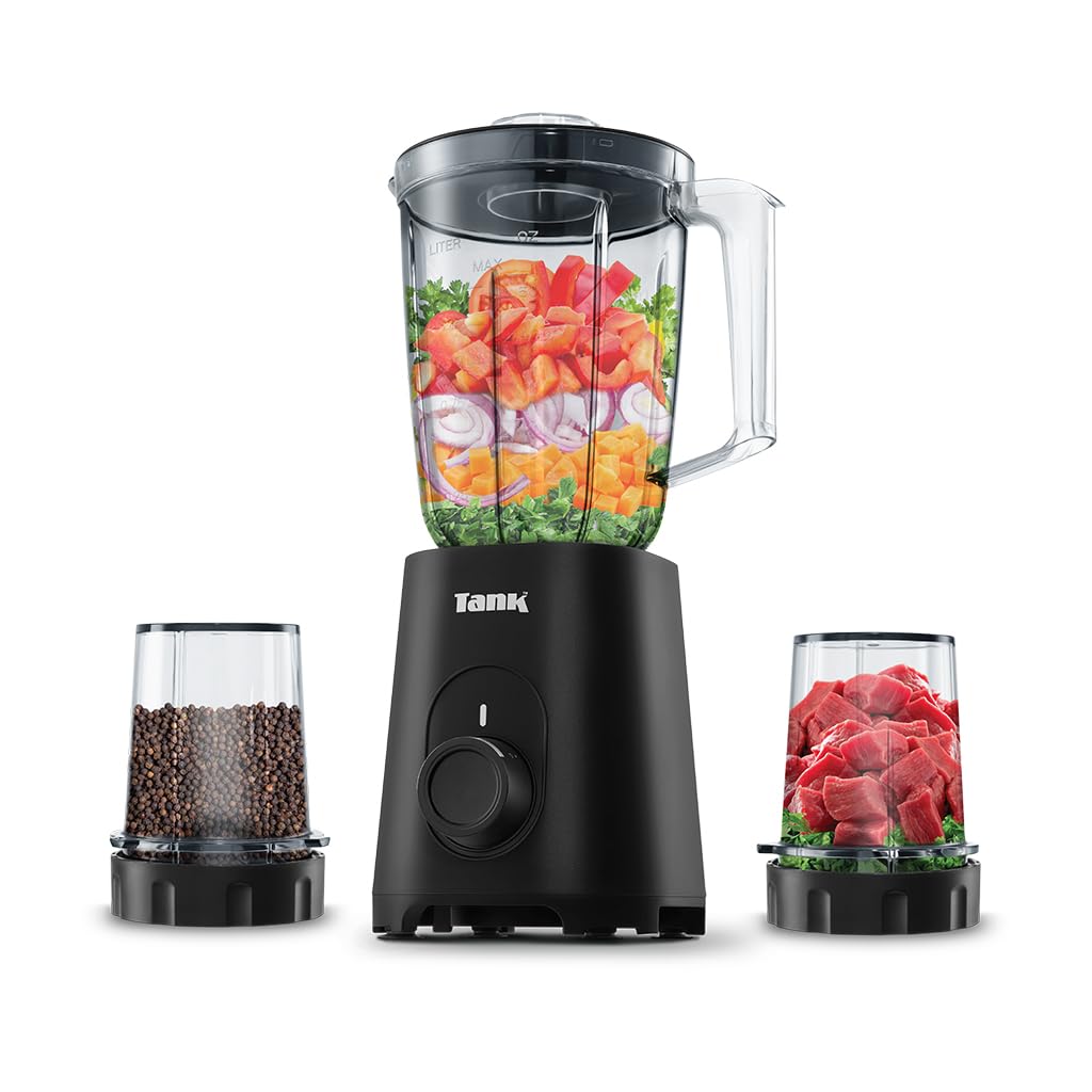Tank Super Blender, 1.5L Glass Jug, 250ml BPA Free Plastic Grinder, 250ml BPA Free Plastic Meat Mincer, 600 Watts, Black, YB-010, 2-Year Warranty