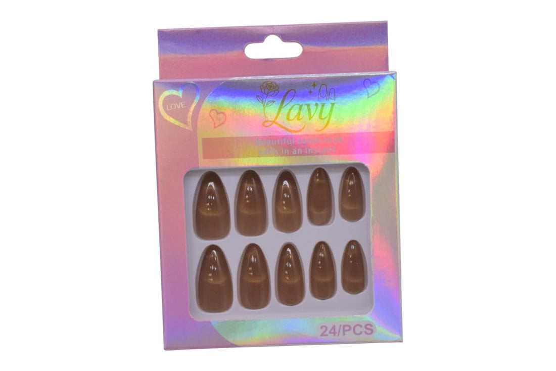 Lavy Press-On Mink Almond Nails Set, 24 Pieces - Caramel Brown