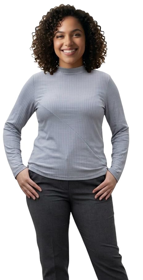 Women's Ribbed Mock Neck Long Sleeve Top, Grey, Plus Size 4XL