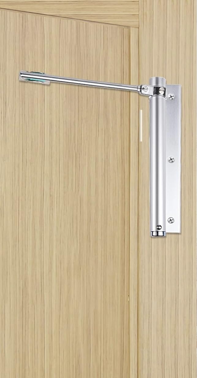 Downtown Adjustable Automatic Door Closer, Silver Spring-Loaded Closer for Left and Right Opening Doors, Easy Installation Hardware for Residential and Commercial Door Control