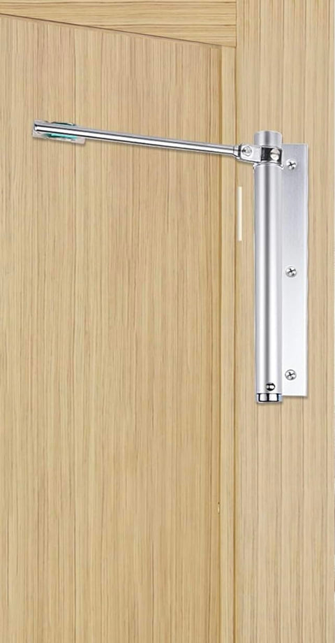 Downtown Adjustable Automatic Door Closer, Silver Spring-Loaded Closer for Left and Right Opening Doors, Easy Installation Hardware for Residential and Commercial Door Control