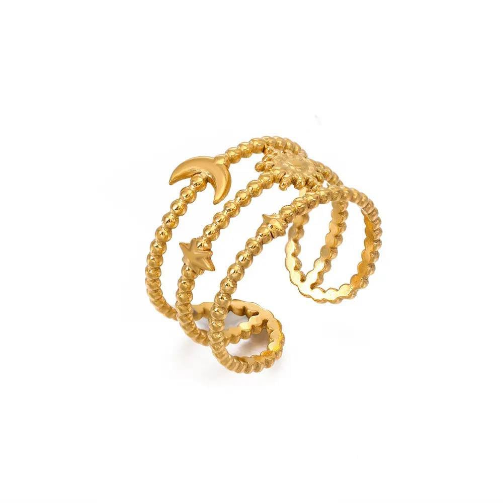 French Retro Multi-layer Hollow Star Moon Open Ring Trend Simple Stainless Steel Ring Adjustable