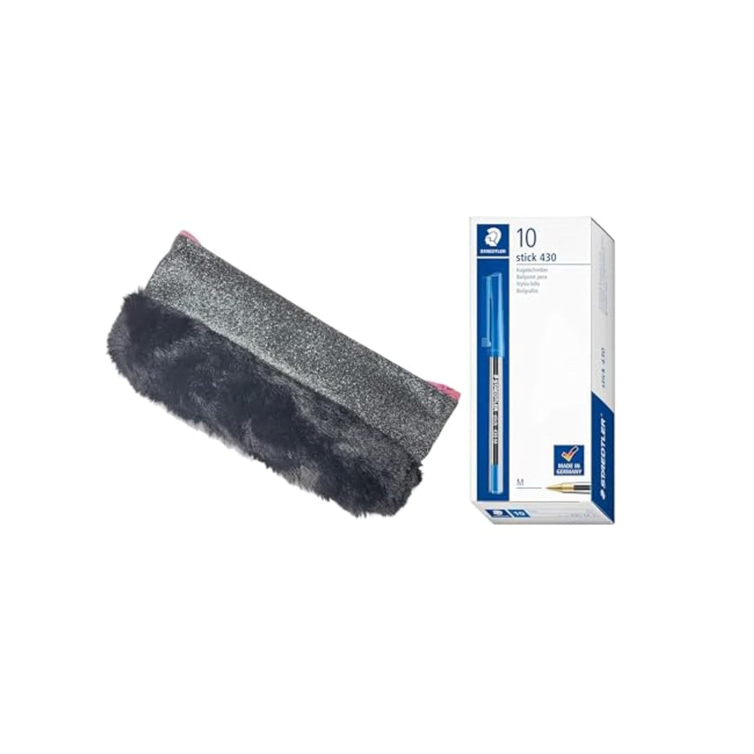 Fur And Glitter Pencil case - Black + Staedtler 430 Pack of 10 Blue pens