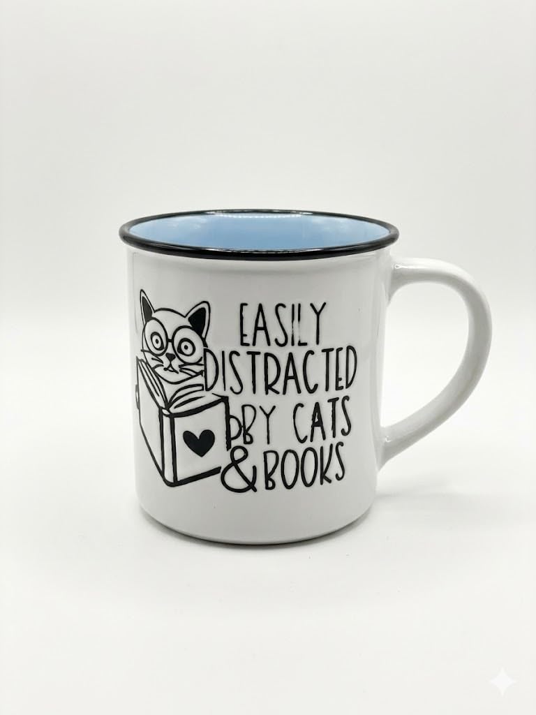 Porcelain Mug with Cat Book Design, Motivational Quote, Enamel Style with Black Rim, Interior, Ceramic. (Light Blue)
