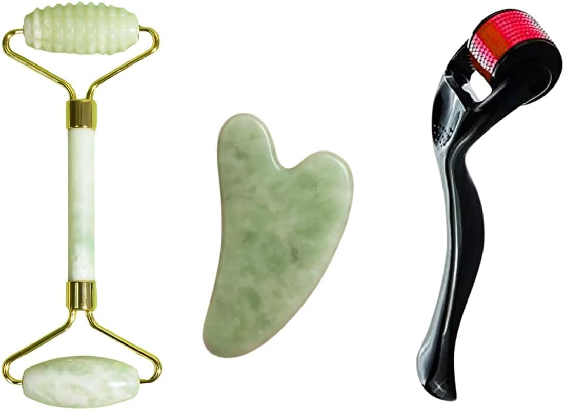 Jade Roller Set 3-in-1 – Facial Massage Tool, Derma Roller & Gua Sha Stone – Anti-Aging Skin Care & Relaxation Kit for Face & Body Beauty Tool Set for Women