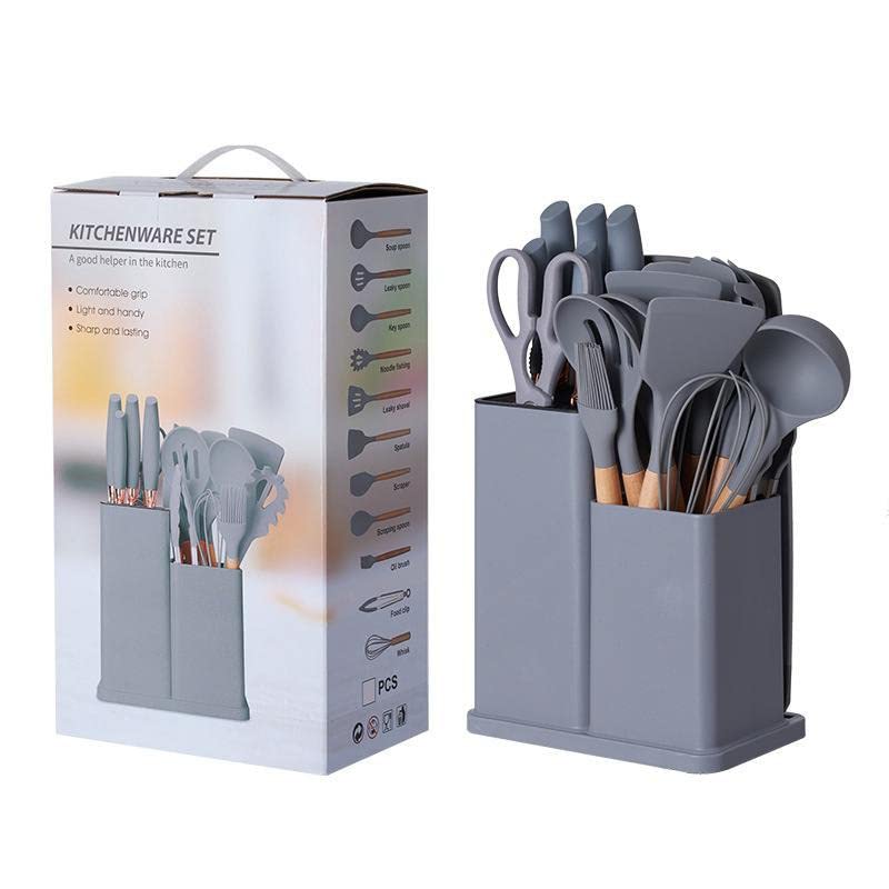19 Piece Chef Set with Stainless Steel Knives Rust Resistant Silicone and Wood Utensils Granite Blanche Spatulas and Practical Kitchen Holder Stainless Steel Pan