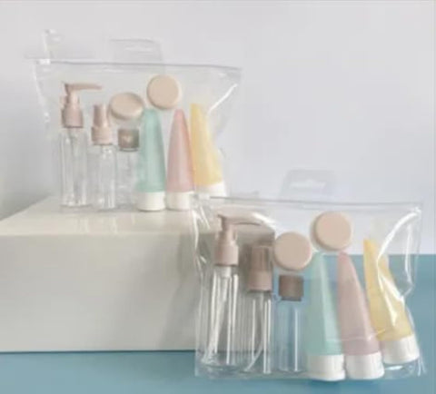 Premium Set Of 9 Pieces Travel Refillable Bottle Set Spray Lotion Shampoo Shower Gel Tube Bottling Cosmetic Empty Liquid Container Portable Tool Refill (Pink)