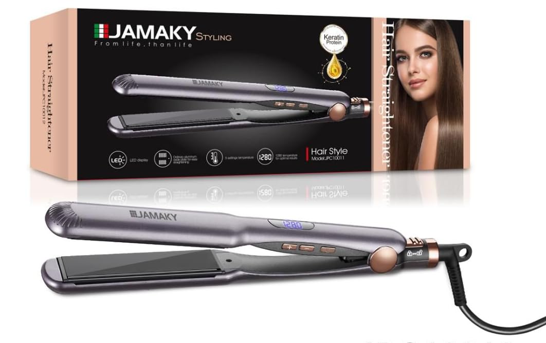 Jamaki Hair Straightener Salon Quality 1280°C Temperature LED Display Perfect for Curly and Straight Hair 30s Fast Heating 45W Heat Up Keratin Ceramic Plates -jpc10012