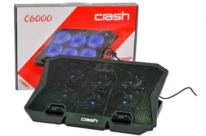 Laptop Cooling Pad Stand – 6x Blue Led Fans – Iron Mesh – 2 x USB – Support 12 UP to 17 Inch | Black مبرد وستاند لابتوب C6000 – تبريد فائق بـ 6 مراوح واضاءة