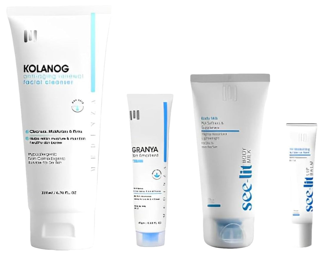 kolanog cleanser for dry skin-Granya moisturizing cream- see-lit lip balm- Body Milk see-lit