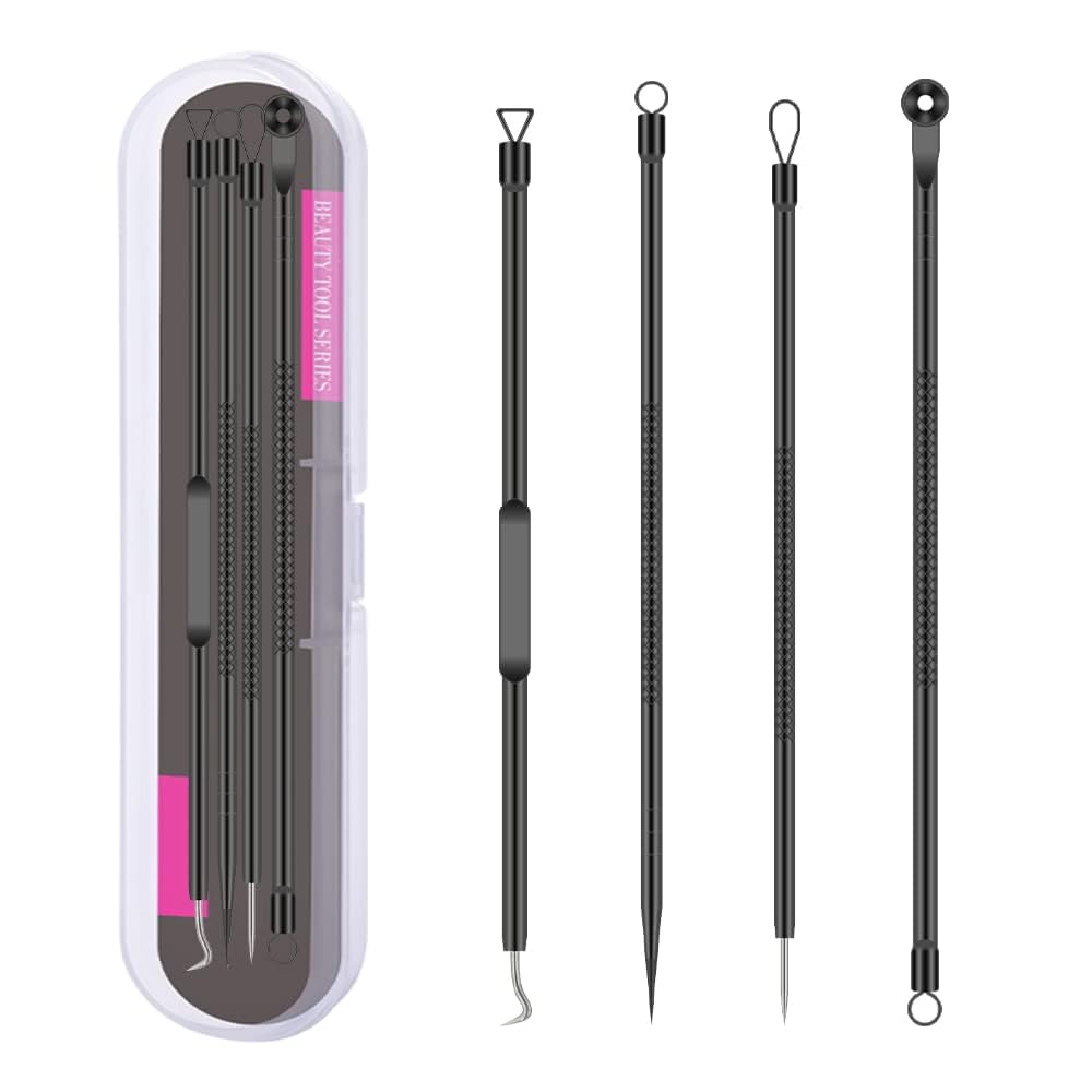 blackhead remover kit pimple and blemish extractor with anti slid handle, Stainless steel needles with a storage case, pack of 4 blackhead remover tools.-black