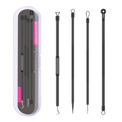 blackhead remover kit pimple and blemish extractor with anti slid handle, Stainless steel needles with a storage case, pack of 4 blackhead remover tools.-black