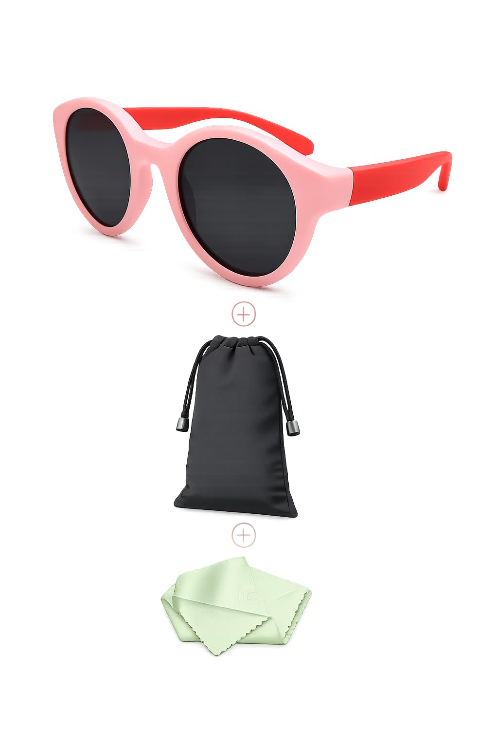 Children's sunglasses with a round design, case, and cleaning cloth. Safe and stylish, with durable, unbreakable arms. Suitable for everyday wear and the beach. Unisex For ages 2 to 6 years.