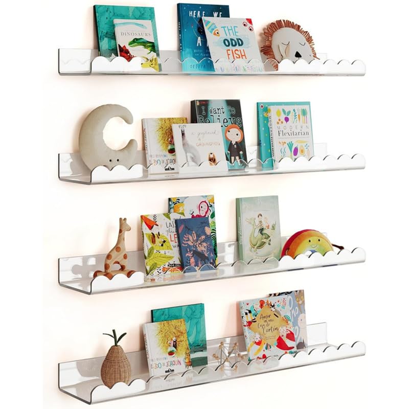 Best Media 4 Pack Clear 60 cm Acrylic Book Shelf for Kids Room, Floating Kids Book Shelves for Wall, Nursery Book Shelves, Magazine Rack, Picture Ledge - Clear, 60 cm