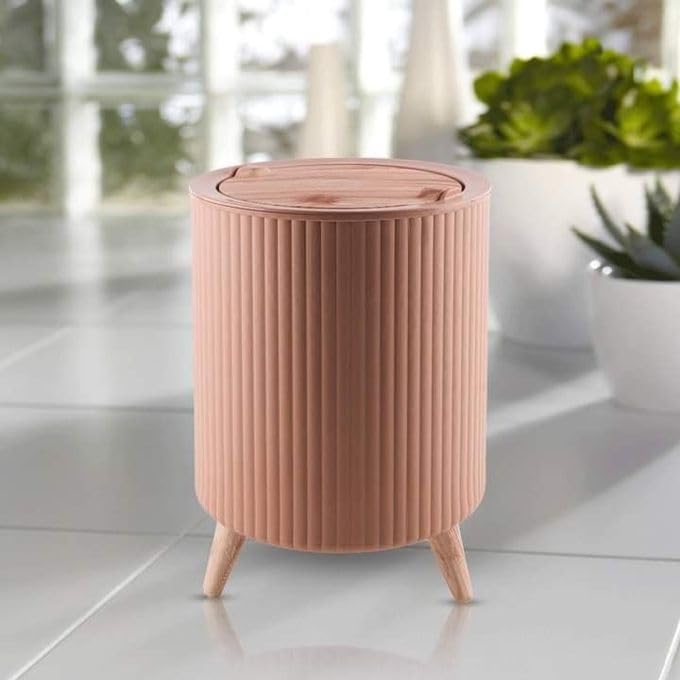 Decoration Trash Can, Creative Sliding Lid and Wooden Legs, Brown