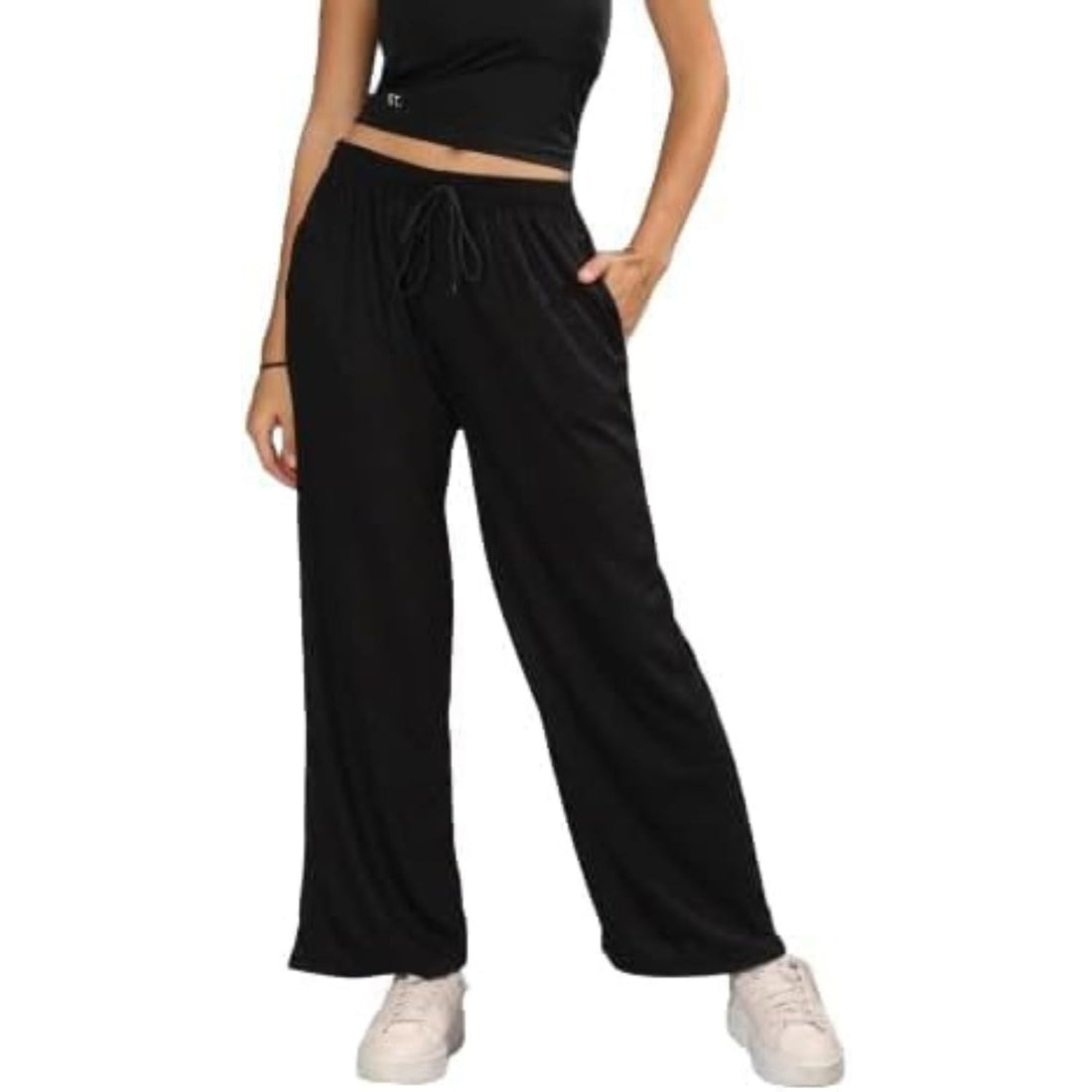 Women's High-Waist Wide-Leg Lounge Pants - Premium Soft Fabric with Adjustable Drawstring (Classic Black)