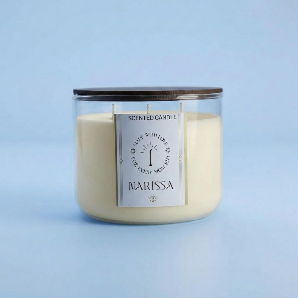 Narissa Atom Premium Scented Candle - Large 500g - 3 Wick - 100% Natural Soy Wax - Premium Glass Design and Long Lasting Aromatic Fragrance for Relaxation and Wellbeing Scent (Oud)