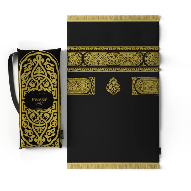 ART MOOD HOME Prayer Mat Padded, Velvet with Elegant Design, Soft Low Pile with Supportive Cushioning, Lightweight and Foldable for Home and Mosque, 117L × 68W cm, Stylish Design| Gold & Black