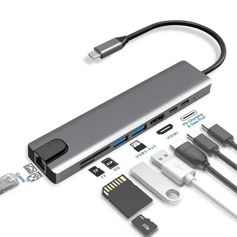 8-in-1 USB-C Hub Adapter – Type-C to HDMI, 3 USB 3.0, PD Pass-Through Charging Support, SD/TF Card Reader, RJ45 Ethernet Port – Multiport Dock for MacBook, Windows Laptop, and More