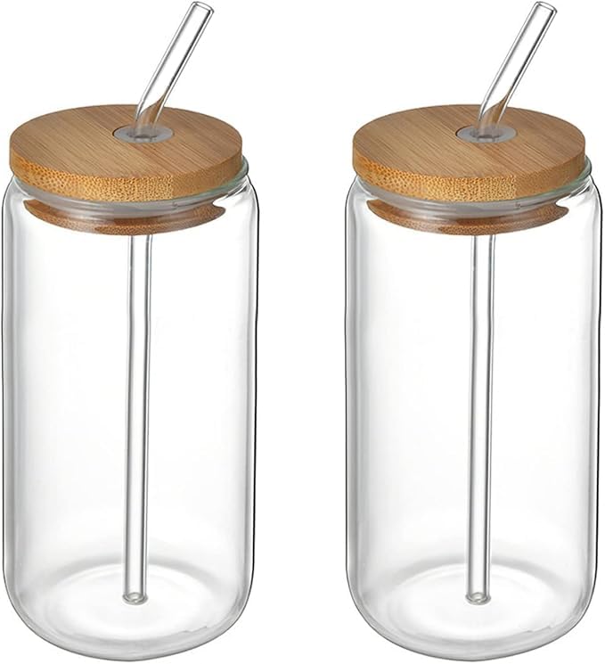 2Pcs Drinking Glasses with Bamboo Lids and Straws, Beer Can Glass Tumbler Glasses Ice Coffee Cup for Milk Coffee Ice Water cocktail