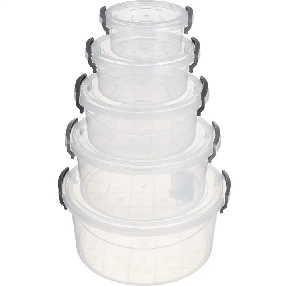 Clear Round Food Storage Container Set of 5, Multiple Sizes 300ml, 600ml, 1.2L, 2.1L, 3.4L, with Lockable Lids