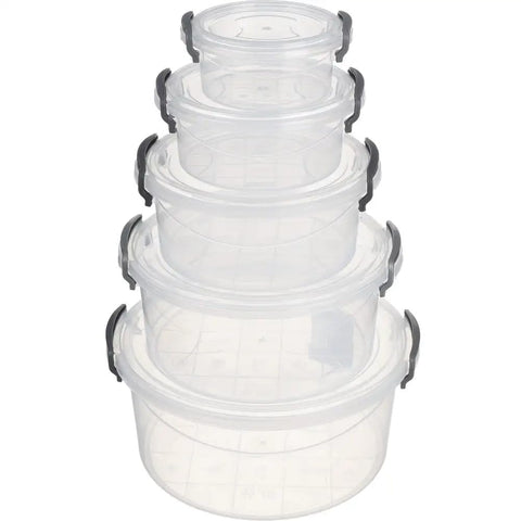 Clear Round Food Storage Container Set of 5, Multiple Sizes 300ml, 600ml, 1.2L, 2.1L, 3.4L, with Lockable Lids
