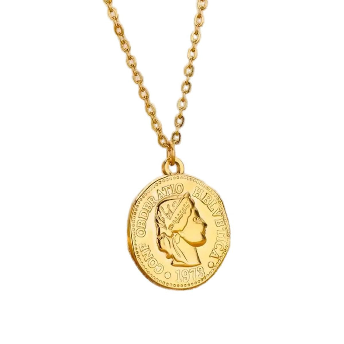 Julia Store 21K Gold Plated Stainless Steel Roman Queen Double Face Trendy Chic Simple Round Gold-Pound Like Chain Celebrity Medal Reversible Keepsake Chic Choker Necklace Jewelry Gift Women