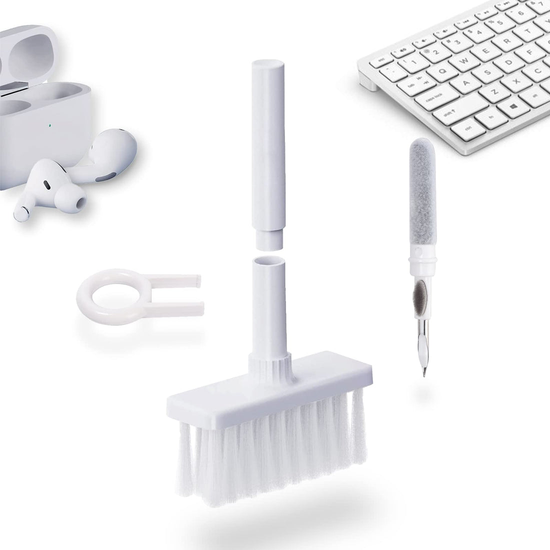 MEQUER Multi-Function Keyboard Brush Cleaner, Computer Cleaning Kits with Soft Brush, Metal Nib and Keycap Puller, Multi-Function 5 in 1 Cleaning Tools for Computer, Bluetooth Earbuds, Camera(White)