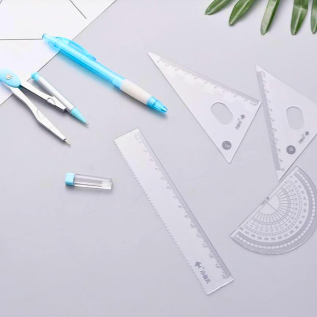 Set of 7 Pieces Geometric Compass, Eraser, Mechanical Pencil, Mechanical Pencil Leads, Geometric Shapes Tools Students, Office, Mathematical Drawing Measuring Stationery, Circle Drawing (Baby Blue)