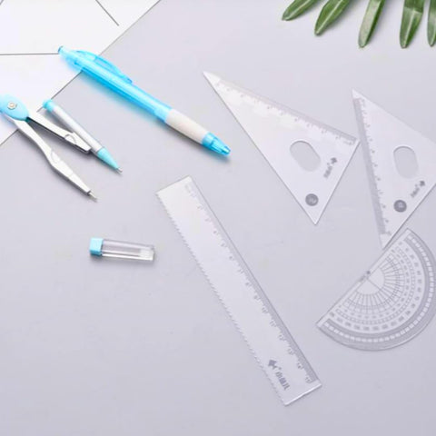 Set of 7 Pieces Geometric Compass, Eraser, Mechanical Pencil, Mechanical Pencil Leads, Geometric Shapes Tools Students, Office, Mathematical Drawing Measuring Stationery, Circle Drawing (Baby Blue)