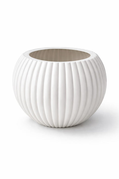 White plastic Planter Pot, Ribbed Round Design, Modern Home Decor