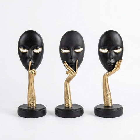 generic,Abstract Face Mask Figurine Set of 3, Black and Gold, Resin, Modern Art Sculpture, Home Decor