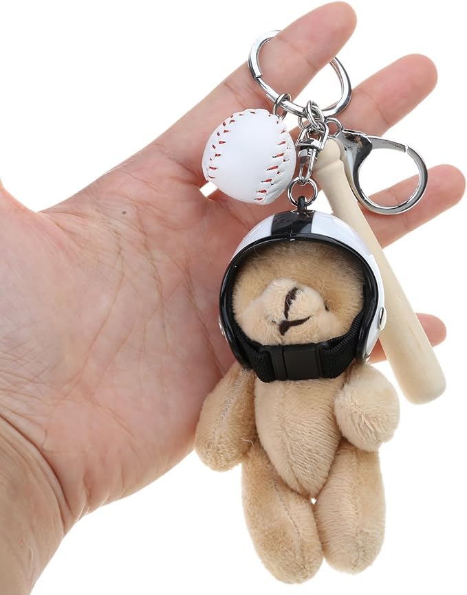 Bear Plush Keychain with Baseball Helmet Bat Ball Backpack Pendant Soft Stuffed Animal Accessory