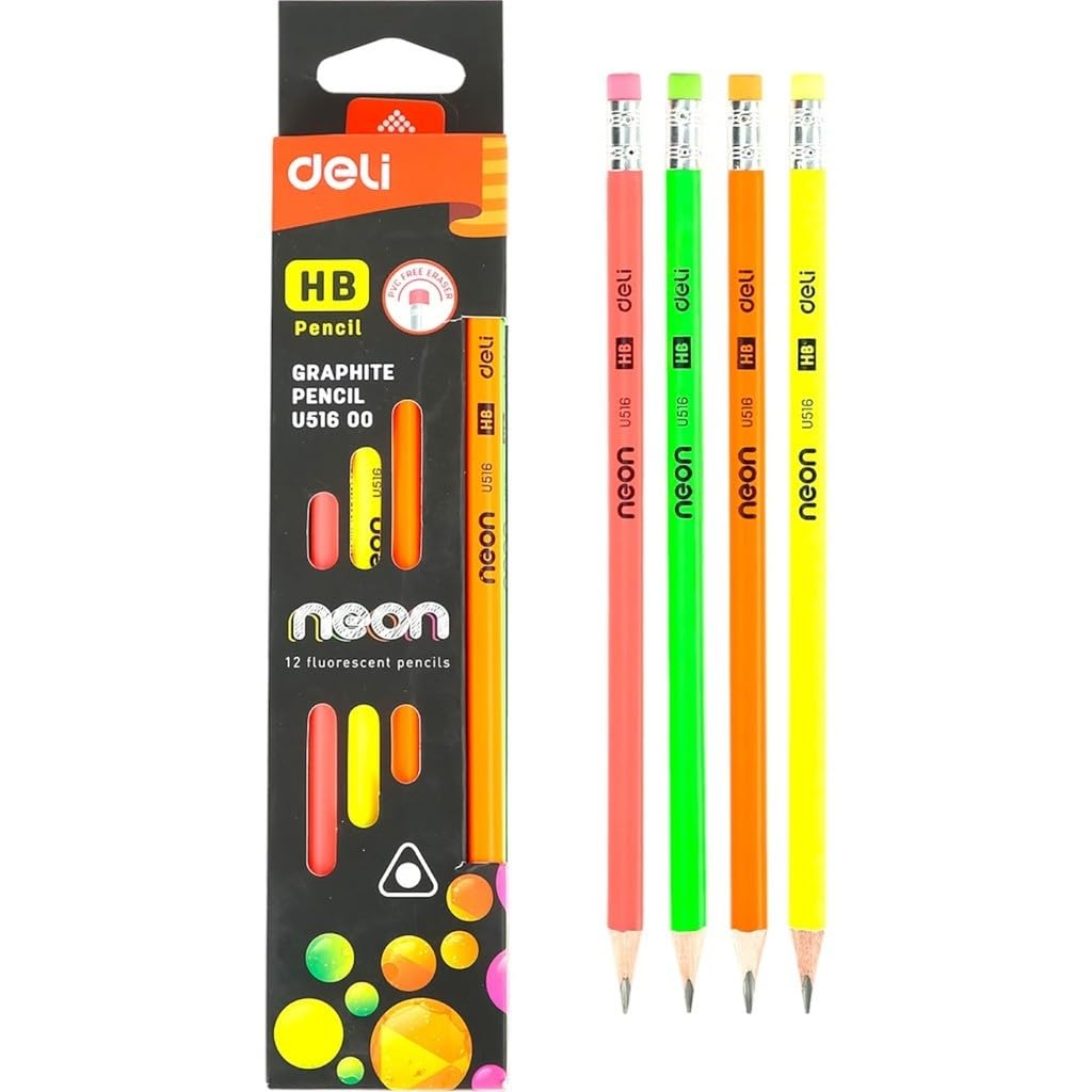 Deli u516 neon fluroscent hb graphite pencil pack of 12 pencils - multi color