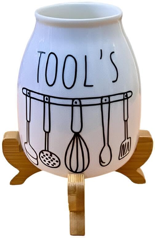 Decorative Utensil Organizer - Porcelain and Wooden Stand with Artistic Patterns for Spoons, Forks, and Knives, Enhances Kitchen Style with Functional Elegance