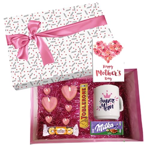Happy Mother's Day Gift Hamper with Super Mom Mug, Toblerone, Milka, Ferrero Rocher, Heart Chocolates