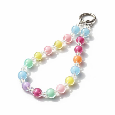Keyring Phone Lanyard - Colorful pastel beadwork creates a soft, functional wrist strap with attached keyring, offering safety, style, and convenience.