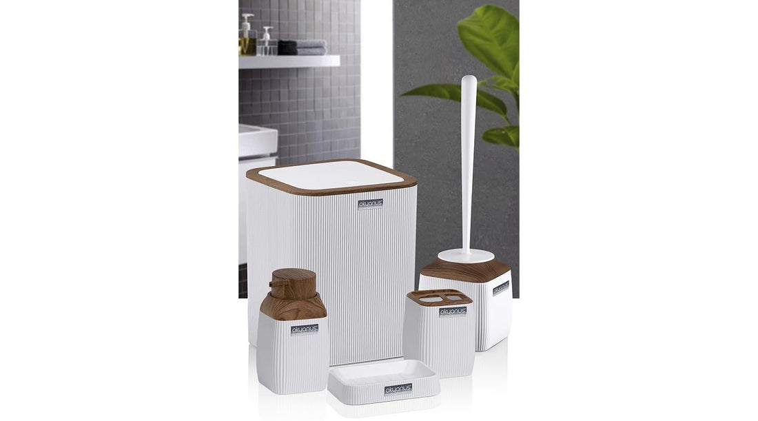 Okyanus 5-Piece Bathroom Set Ribbed Square (Wood) White, OKY-501-3-b-Multicolor