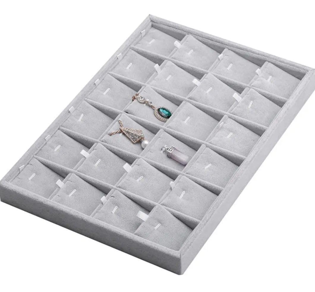 Velvet Jewelry Organizer Tray, Grey, 24 Compartments, Storage for Earrings, Rings, Necklaces