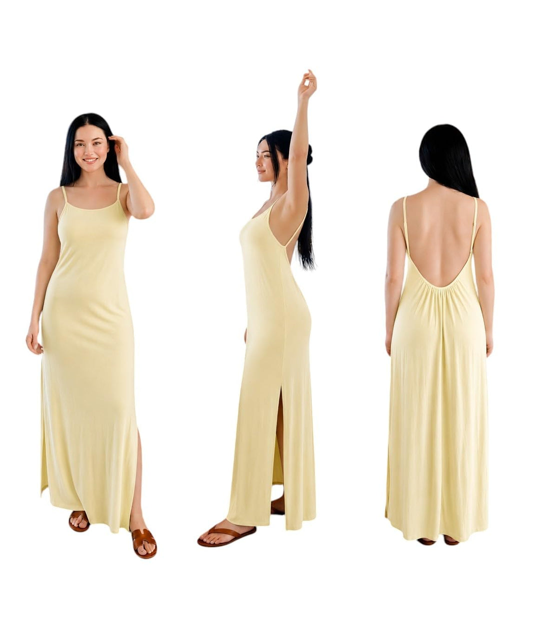 MEZA Women's Long Open Back Dress Cotton 200 Soft Spaghetti Straps Casual Elegant