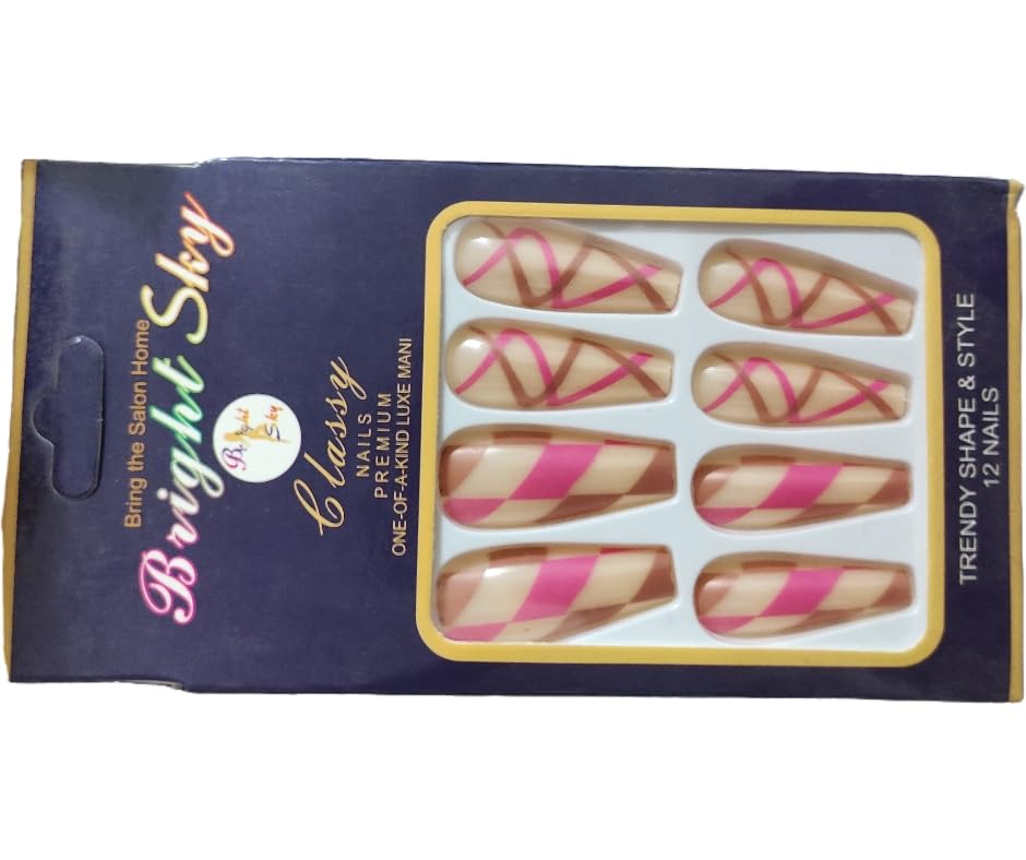 Bring the Salon Home Premium Press-On Nails, Trendy Shape, Pink and Gold Diagonal Design, 12 Pieces