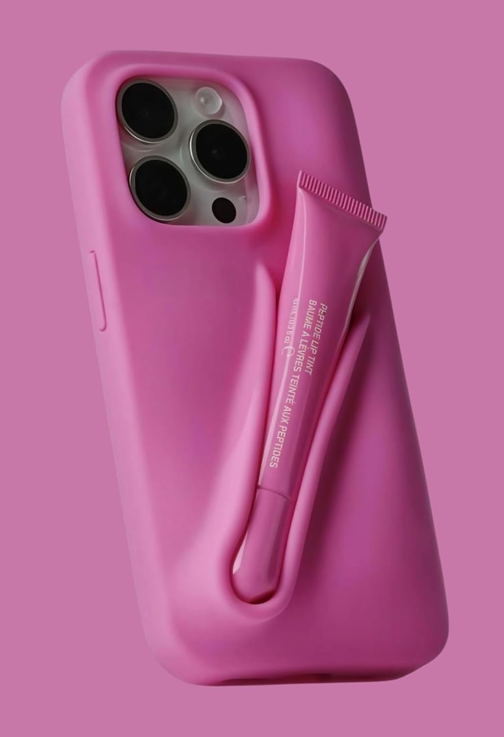 Silicone Lipstick Holder Case for iPhone 13/iPhone 14 — Built-in Lip Balm/Cosmetic Tube Slot, Soft-Touch Grip, Slim Shockproof Cover, Camera Protection — Stylish Baby Pink
