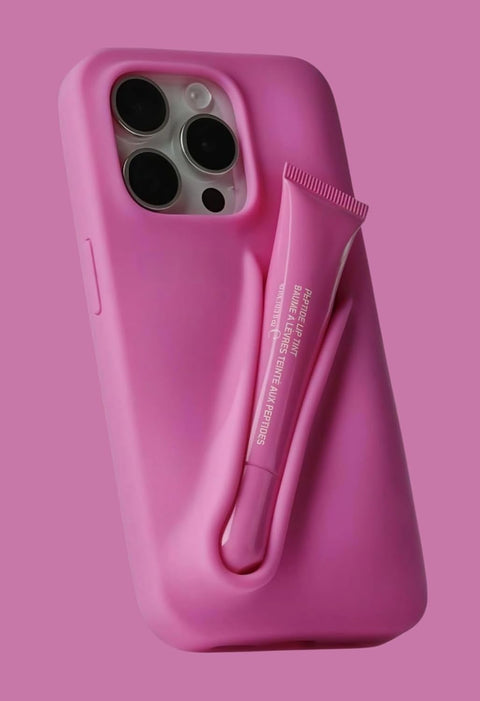 Silicone Lipstick Holder Case for iPhone 13/iPhone 14 — Built-in Lip Balm/Cosmetic Tube Slot, Soft-Touch Grip, Slim Shockproof Cover, Camera Protection — Stylish Baby Pink
