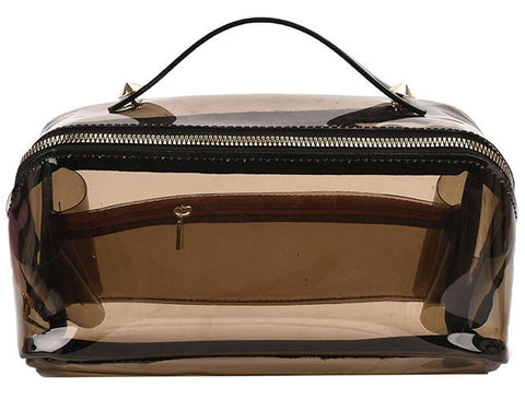 Cosmetic Organizer - Transparent semi-transparent makeup bag with leather handle and zipper for storing beauty essentials while traveling