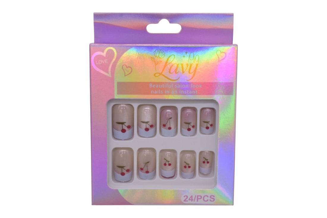 Lavy French Tip with Cherry Design Press-On Mink Nails 24-Piece Set - Multicolor