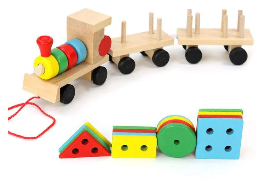 Beauenty Small Wooden Train And Dragging Three Geometric Shape Bricks Educational Kids Toy