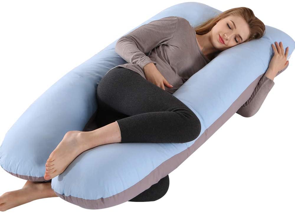 ELNIDO QUEEN Pregnancy Pillows for Sleeping - U Shaped Maternity Pillows - Support for Back/Hips/Legs/Belly for Pregnant Women -Pregnancy Full Body Pillow with Cotton Cover(55x28 Inch, Blue/Grey)