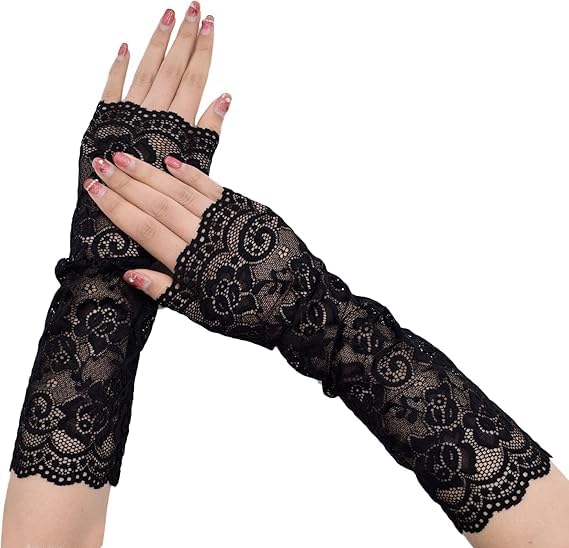 fashion mania Fingerless Lace Gloves Black Floral Pattern Long Elbow Length Wedding Evening Party Accessories, One Size