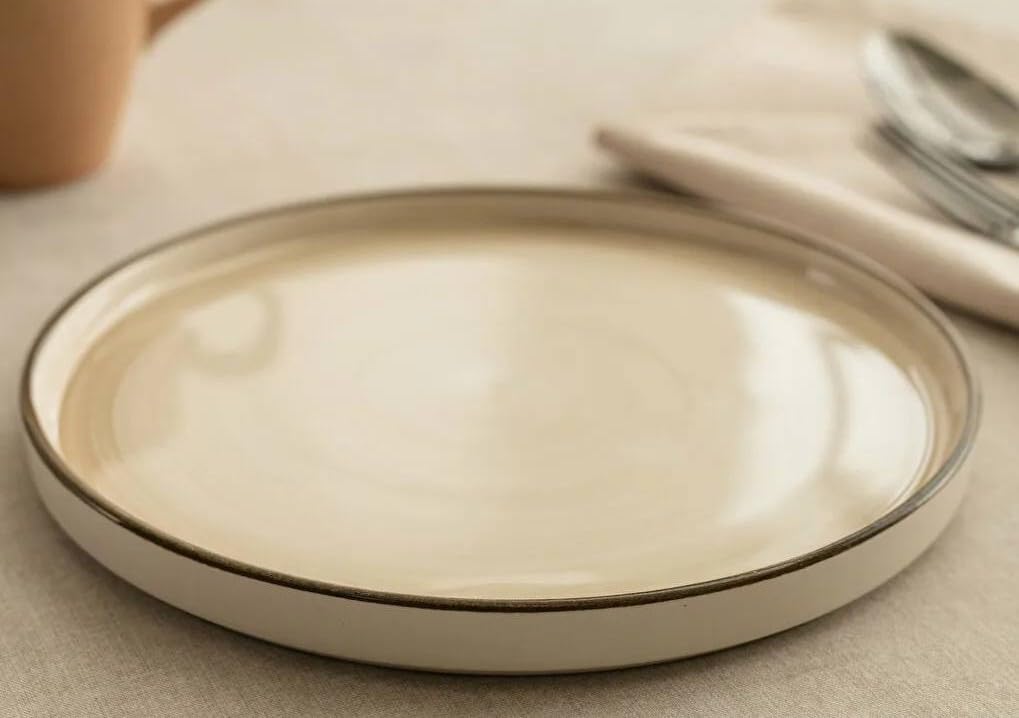 Premium Porcelain Cake Plate, Cream White with Silver Trim, Round, 20 cm, Modern Minimalist Design, for Desserts and Serving .ka