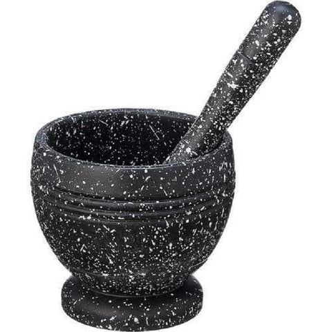 "Granite mortar and pestle set, black dotted pattern, traditional design in black mesh